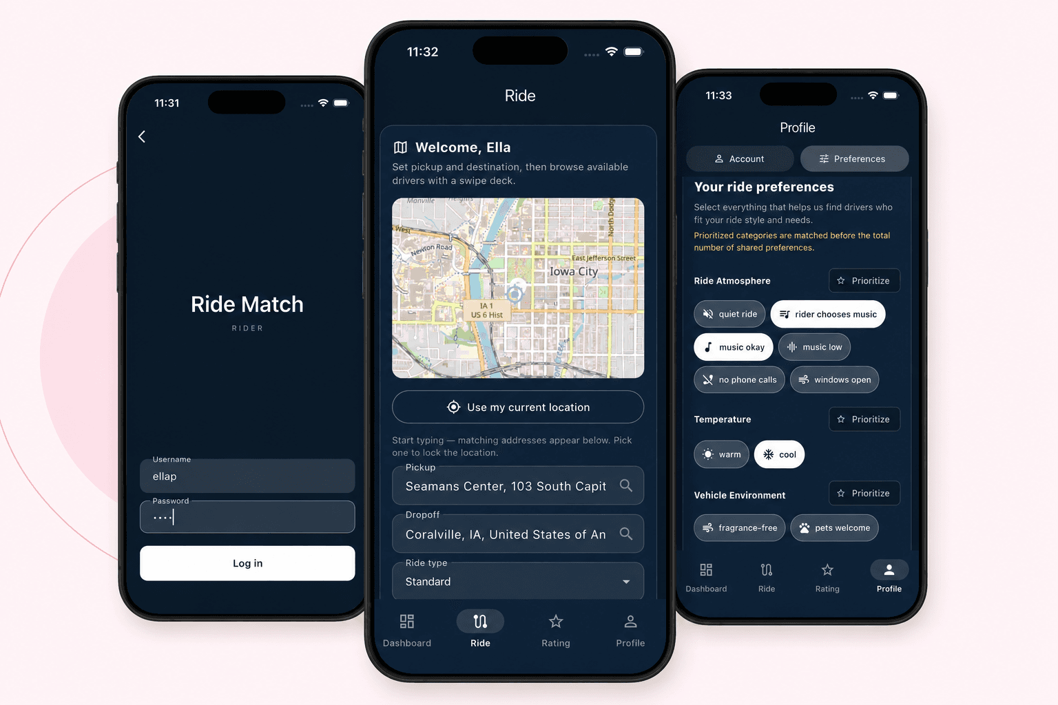 RideMatch mobile app with route and ride-preference icons